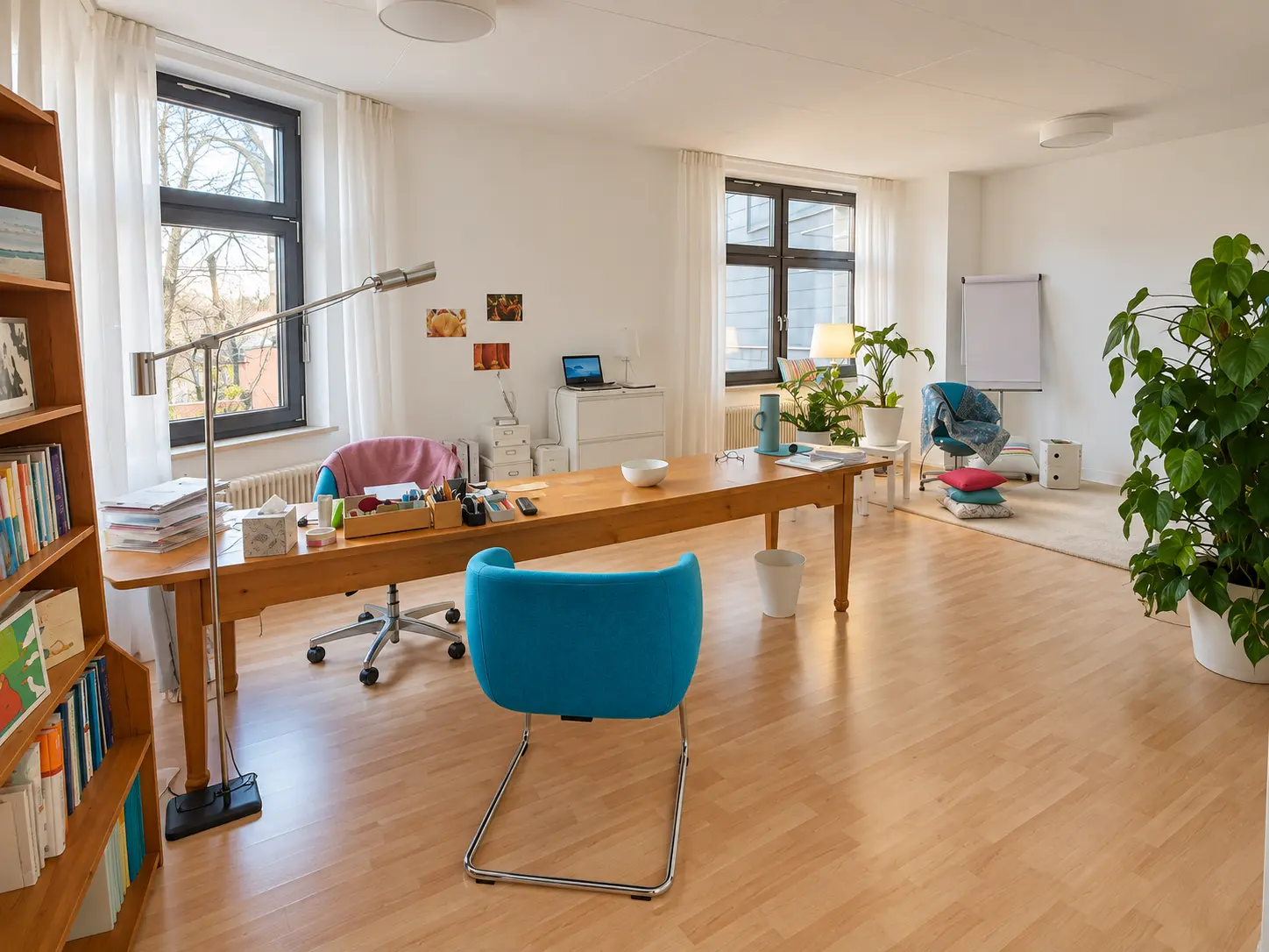 Schreibtisch im Therapieraum mit Unterlagen und Pflanzen