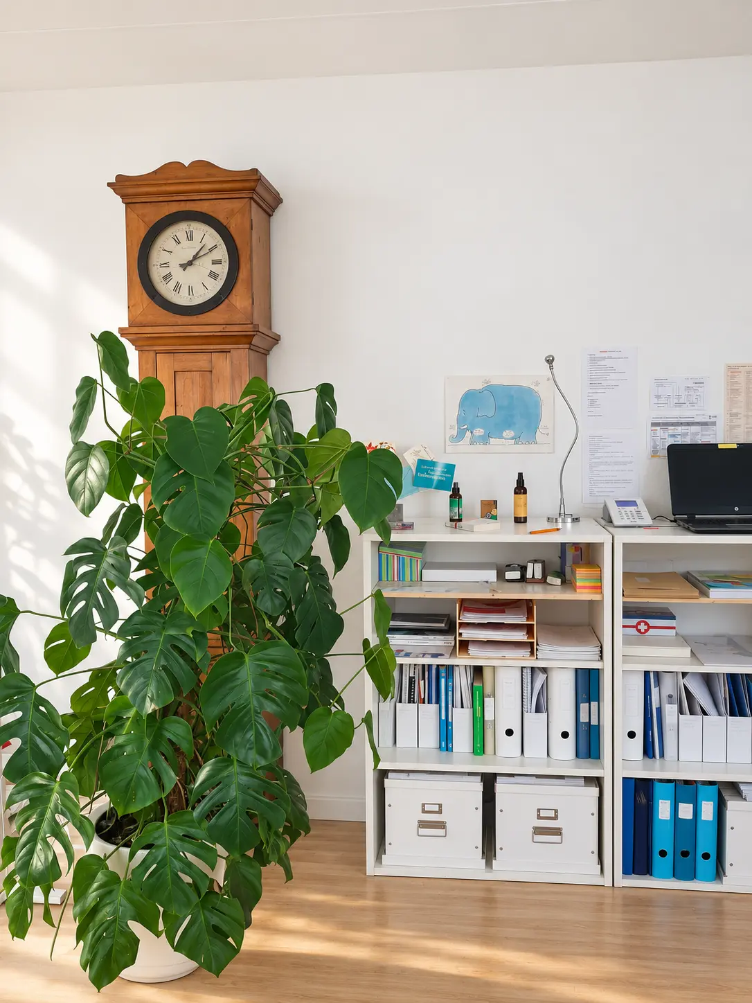 Monstera neben einer alten Standuhr in der Praxis